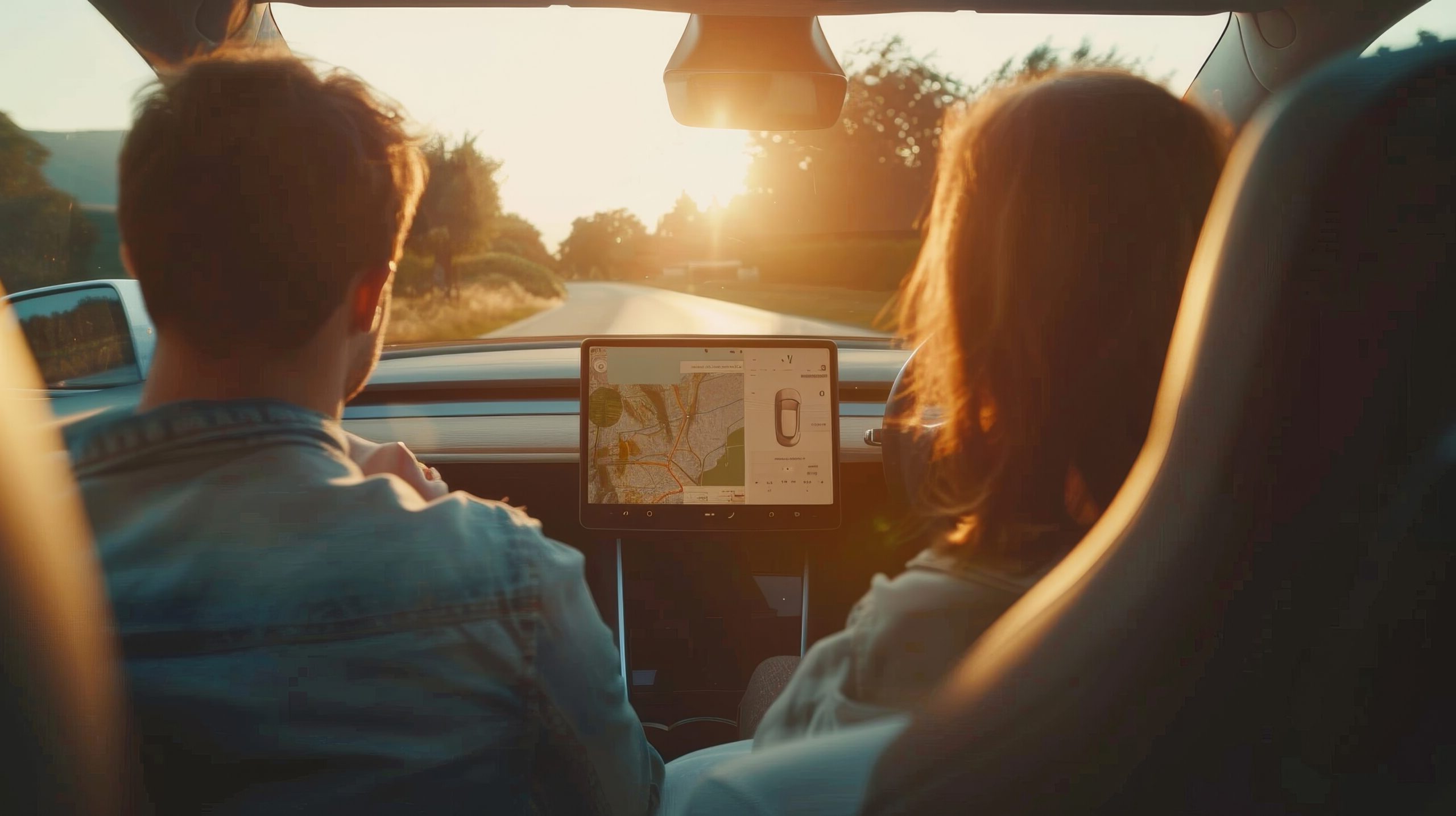 Young Family In A Modern Electric Car, Discussing The Map, Curious And Engaged, Sun Setting On The Horizon, Styled As Soft Focus With Golden Hour Lighting.